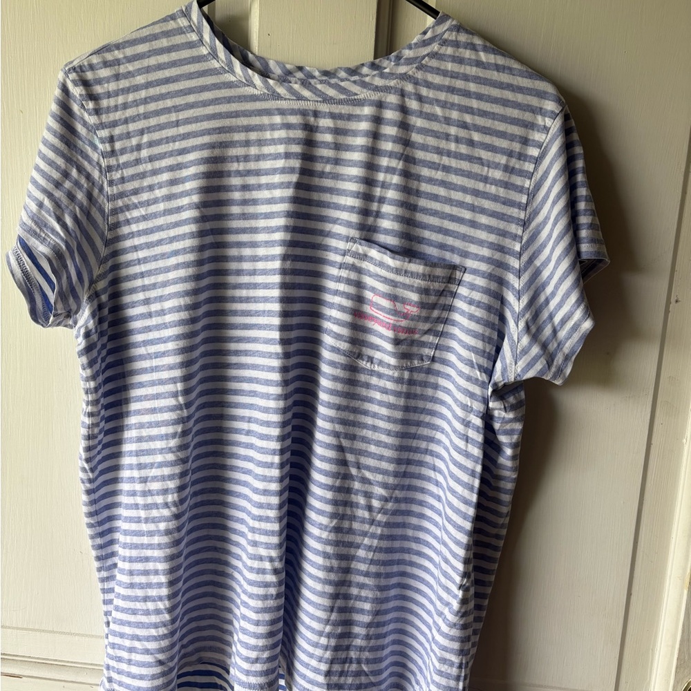 Vineyard Vines Blue and White Striped Tee with Pink Logo - Picture 2 of 3